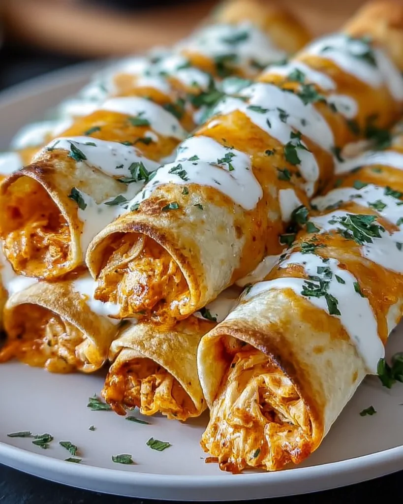 Baked Buffalo Chicken Taquitos on a platter ready to serve.