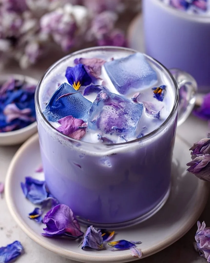 A beautifully crafted Blue Tea Latte served in a glass, showcasing its vibrant blue color.