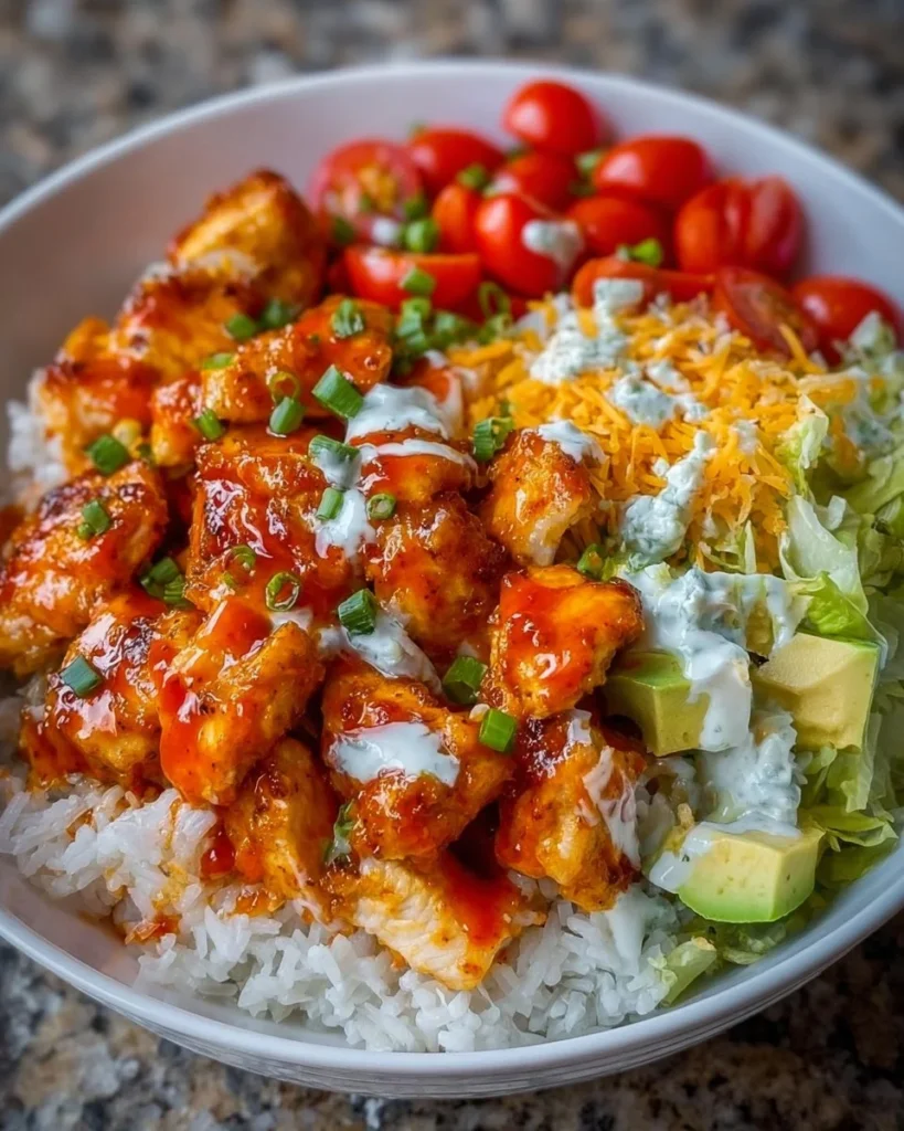 Delicious Buffalo Chicken Bowl served with toppings
