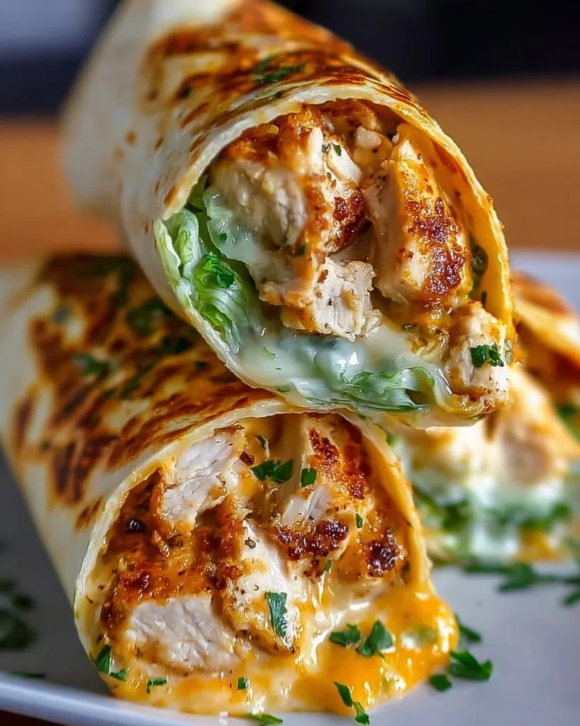 Cheesy garlic chicken wraps with fresh ingredients and melted cheese