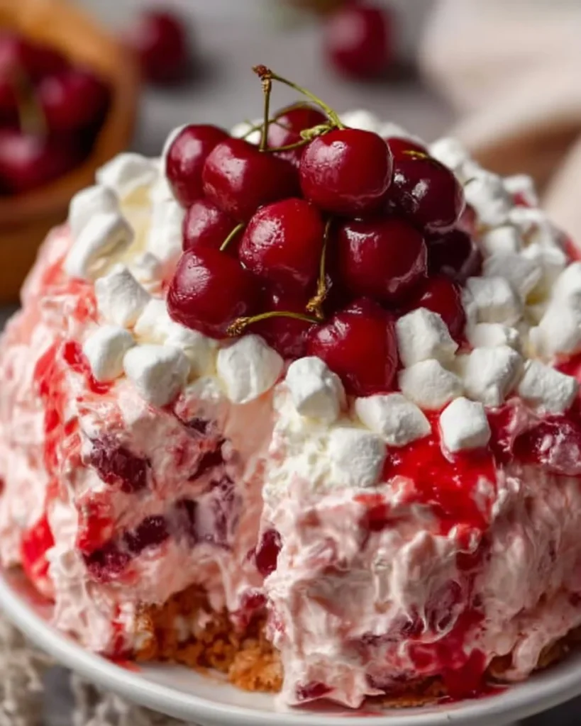 Cherry Cheesecake Fluff dessert in a bowl, topped with cherries.