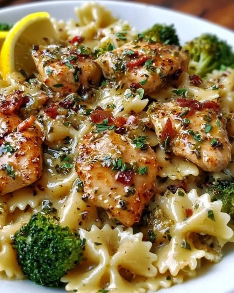 Delicious Cowboy Butter Lemon Bowtie Chicken with Broccoli on a plate