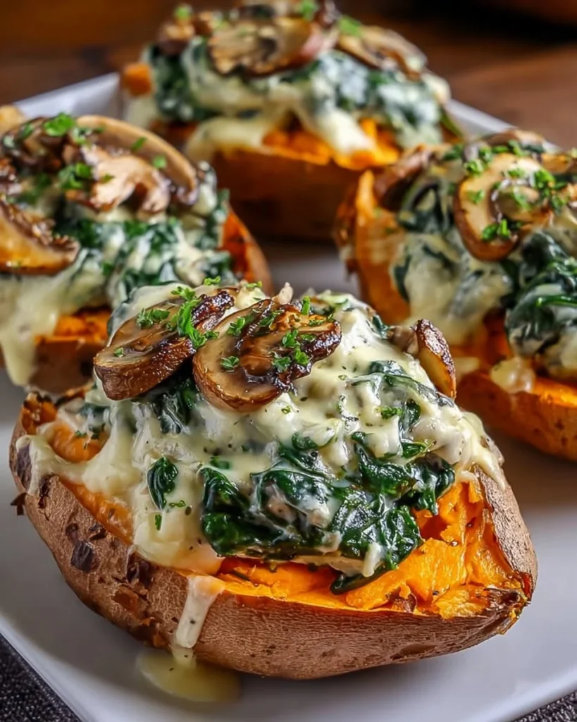 Creamy mushroom and spinach stuffed sweet potatoes on a plate