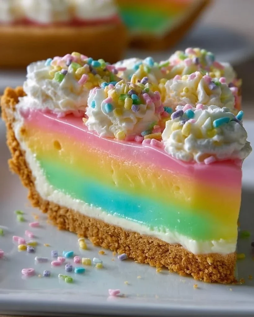 Easter No Bake Jello Pie topped with whipped cream and colorful fruit.