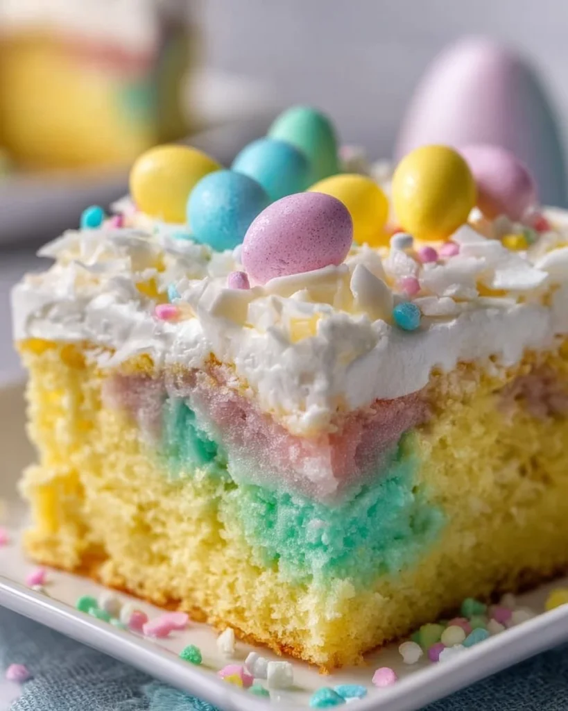 Colorful Easter Poke Cake decorated with pastel icing and Easter-themed toppings