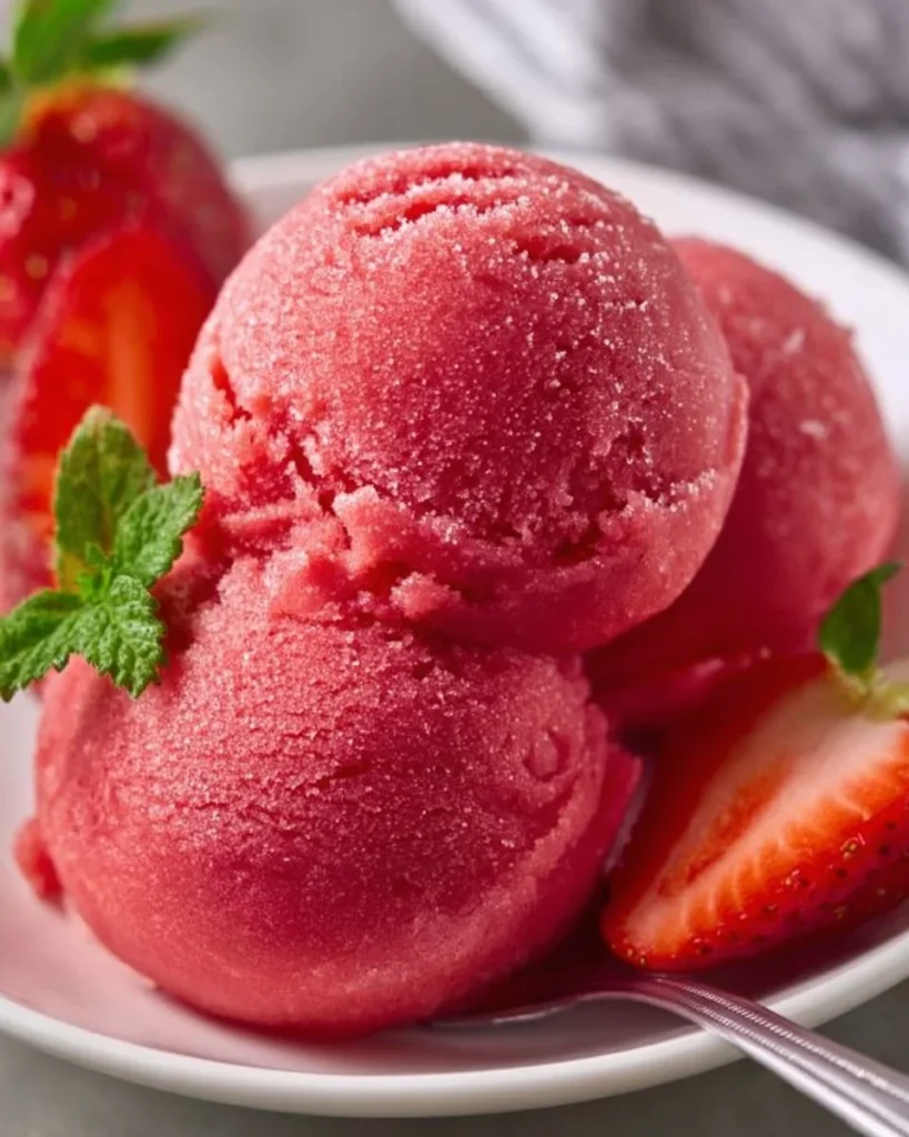 Bowl of easy 3-ingredient strawberry sorbet on a sunny day