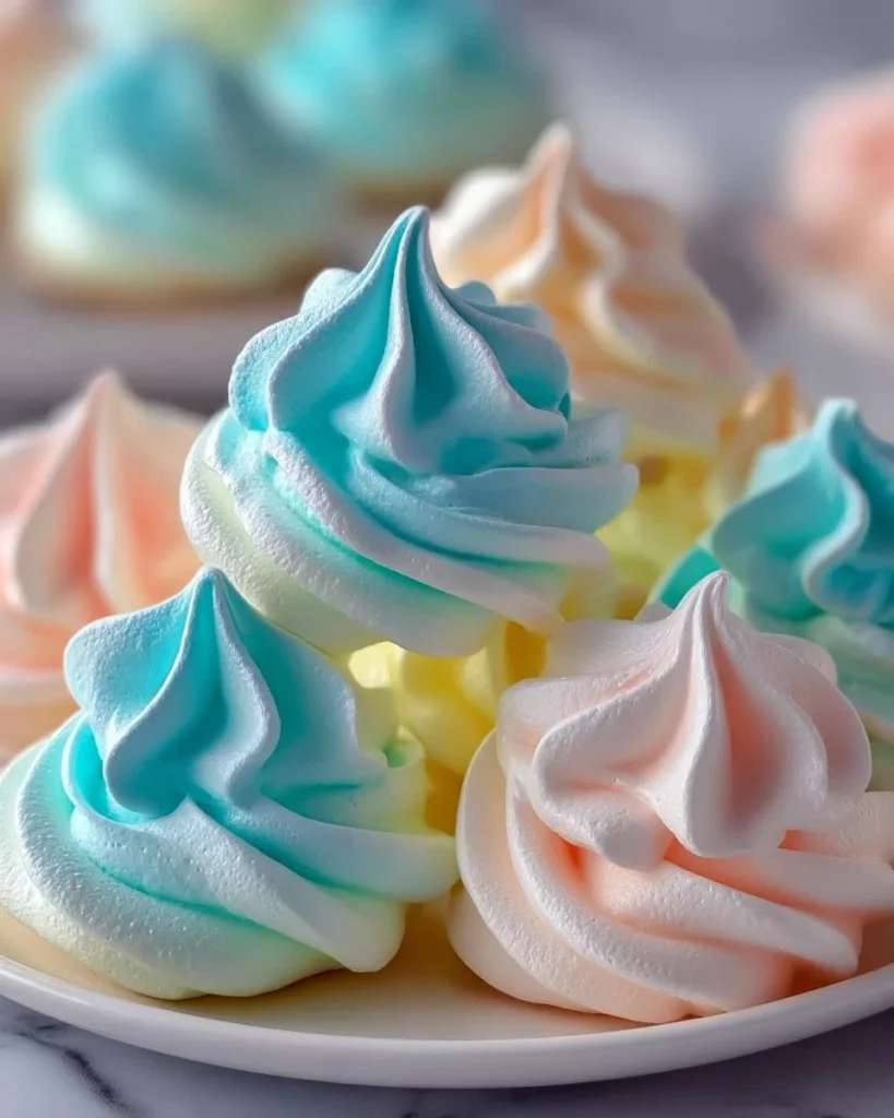 Colorful Jello meringue cookies arranged on a plate.