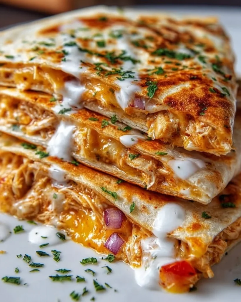 Delicious homemade chicken quesadilla ready to serve with toppings