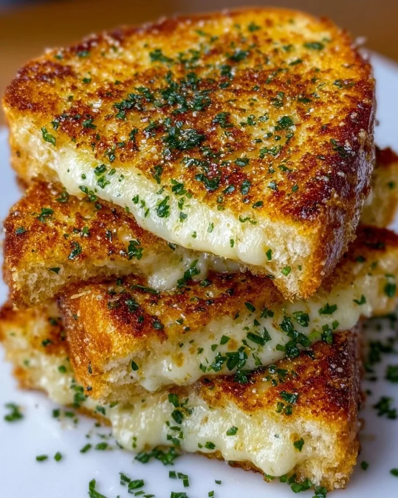 Delicious Garlic Bread Grilled Cheese sandwich with melted cheese and crispy garlic bread.