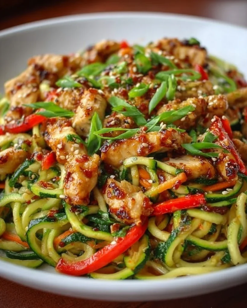 Garlic chicken stir fry with zucchini noodles in a vibrant dish