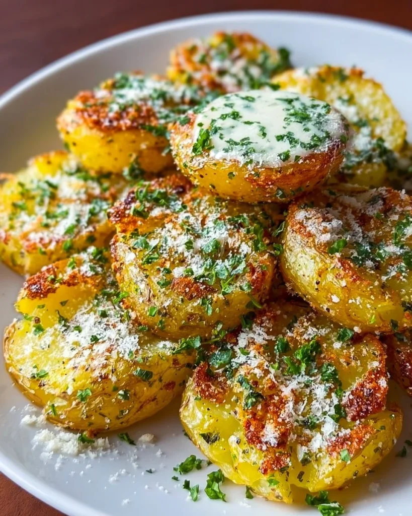 Delicious Garlic Parmesan Smashed Potatoes served on a plate