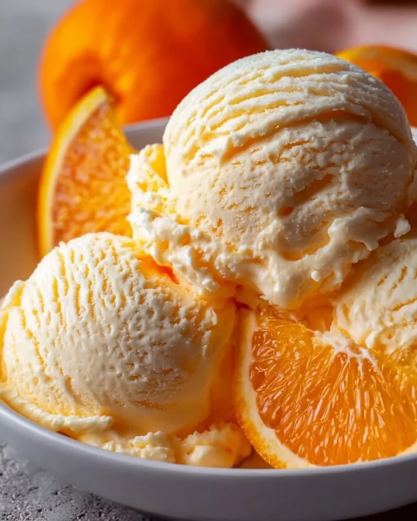 Delicious bowl of homemade orange ice cream with a refreshing citrus flavor