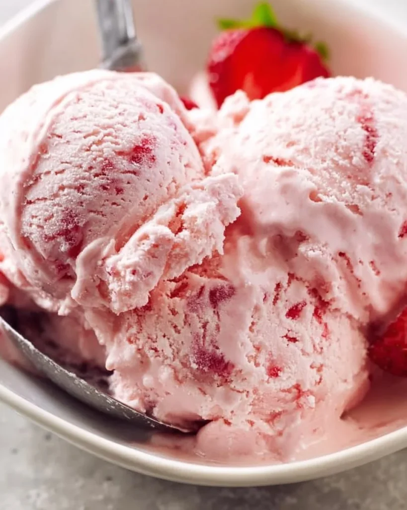 Bowl of homemade strawberry ice cream with fresh strawberries on top.