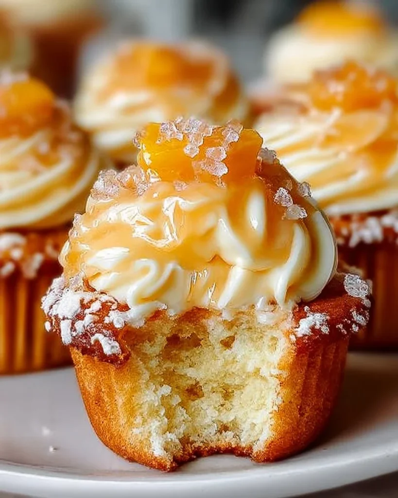 Honey Peach Cream Cheese Cupcakes topped with frosting and peach slices.