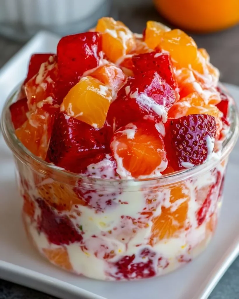 Colorful Jello fruit salad with a variety of fresh fruits and jello