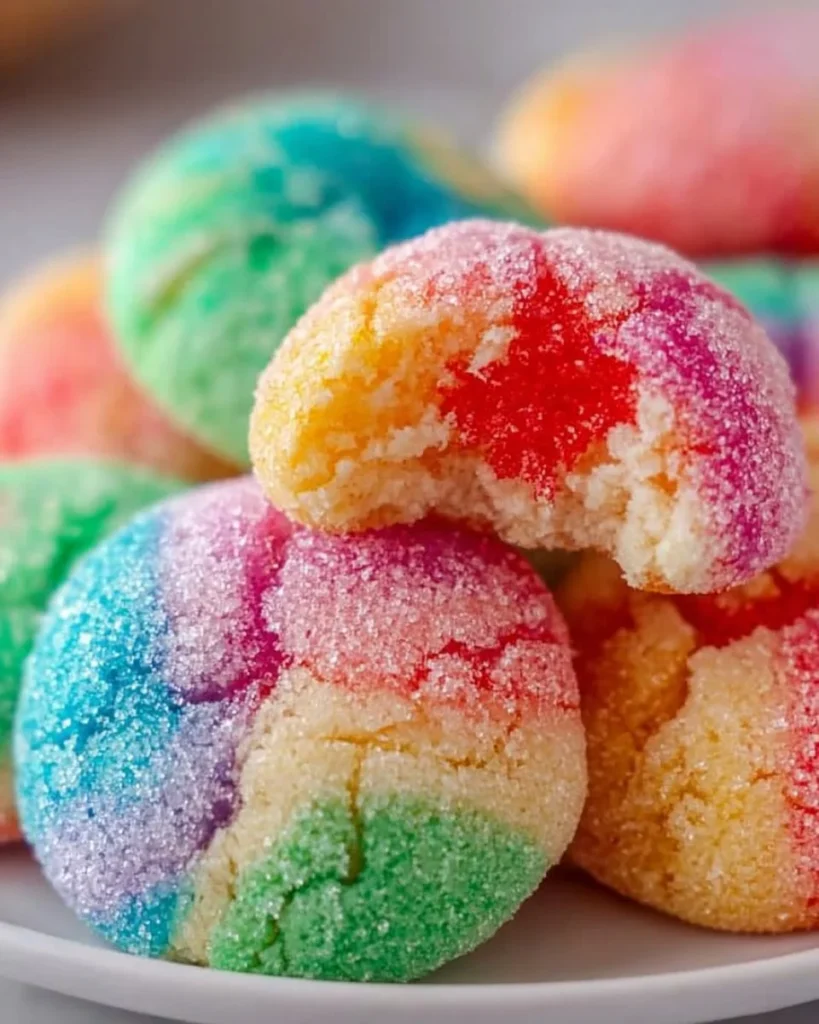Colorful Jello sugar cookies spread on a white plate, soft and chewy texture