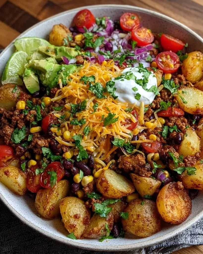 Loaded potato taco bowl with toppings served in a colorful bowl.