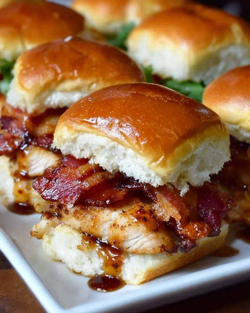 Maple Chicken Bacon Sliders stacked with delicious toppings on a platter