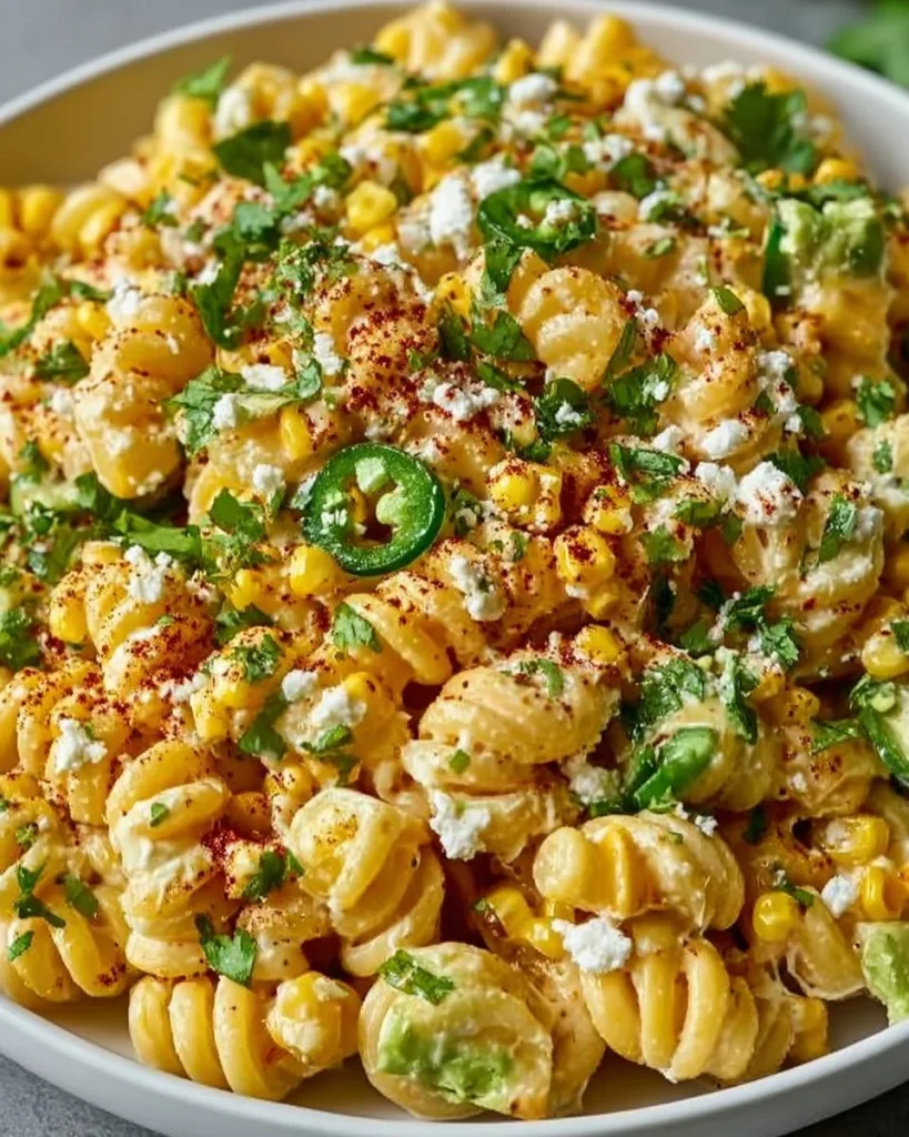 Colorful Mexican street corn pasta salad with fresh vegetables and herbs