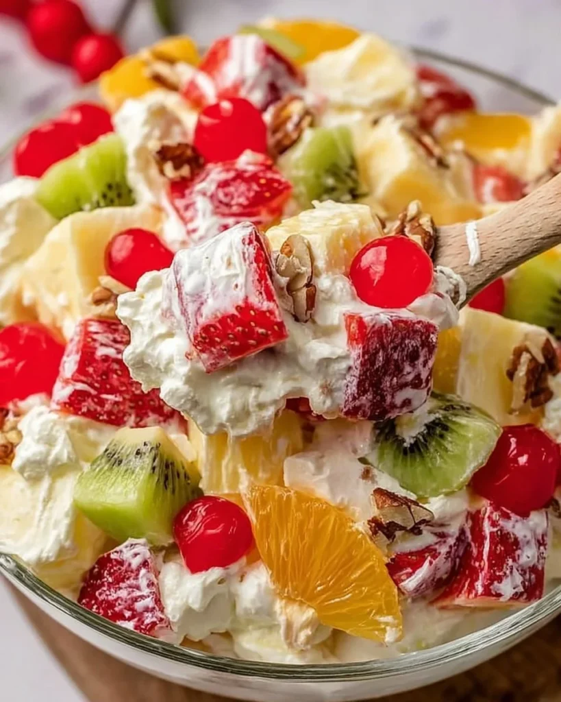 Delicious Millionaire Cheesecake Salad loaded with fresh fruit and creamy cheesecake.