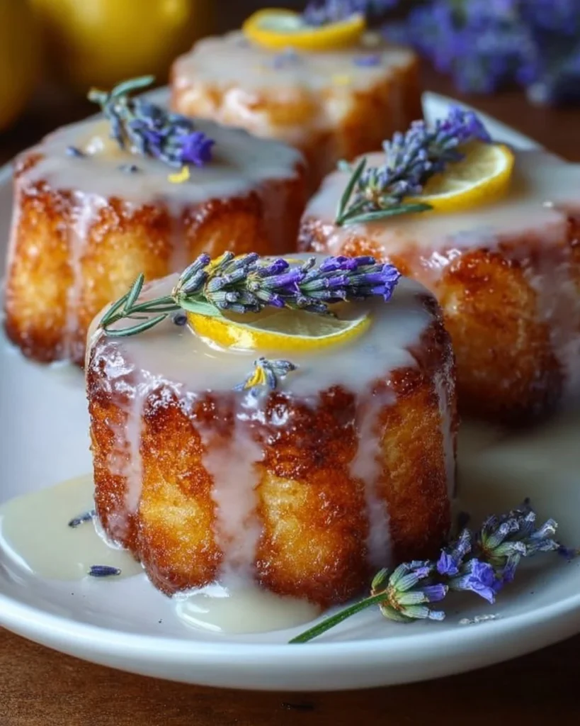 Delicious mini lemon cakes topped with lavender glaze