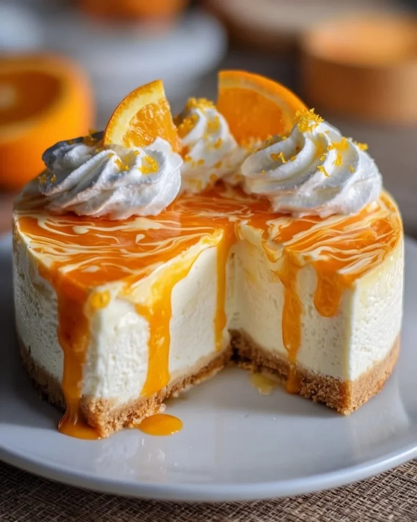 No-Bake Orange Creamsicle Cheesecake topped with orange slices