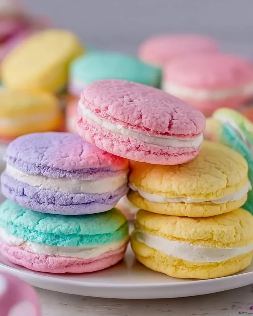 Colorful pastel sugar cookie sandwiches filled with frosting