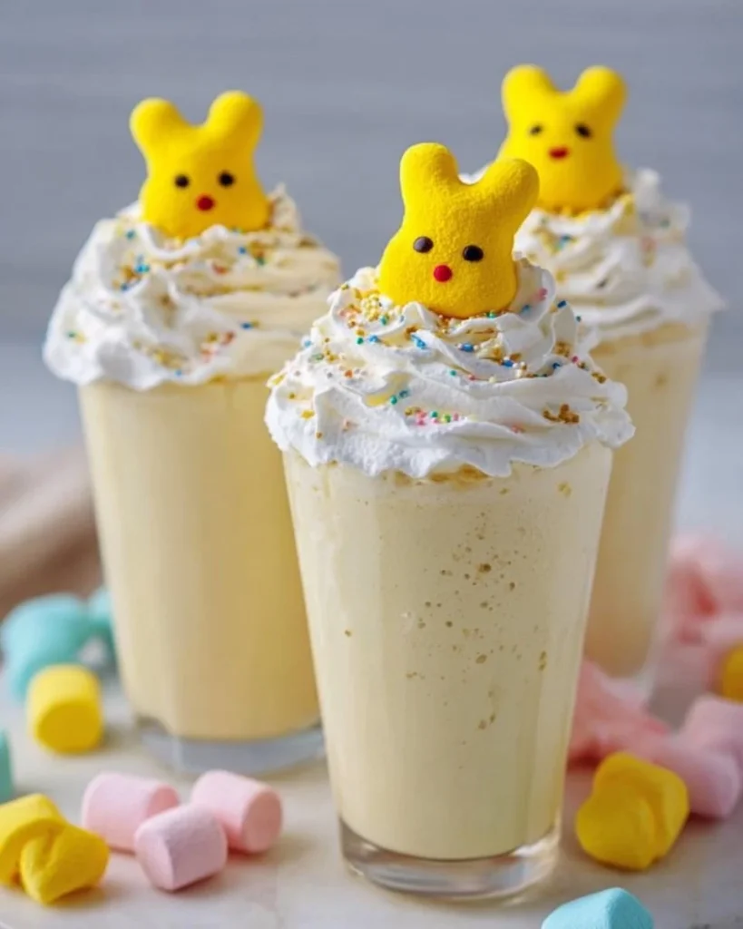 Peeps Marshmallow Milkshake topped with colorful Peeps marshmallows.
