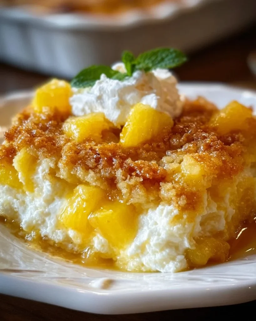 Delicious Pineapple Cream Cheese Cobbler served on a plate with a golden crust.