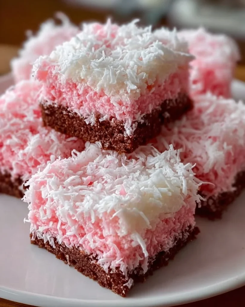 Pink Coconut Snowball Cake Bars topped with coconut flakes and colorful frosting