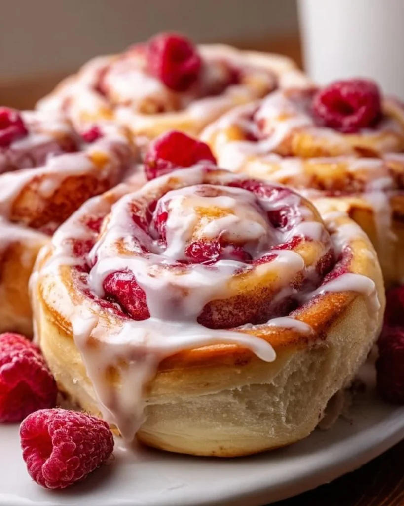 Freshly baked raspberry cinnamon rolls with lemon glaze on a plate