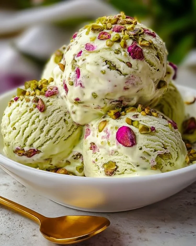 Delicious Rose Pistachio Cheesecake Ice Cream with floral and nutty flavors.