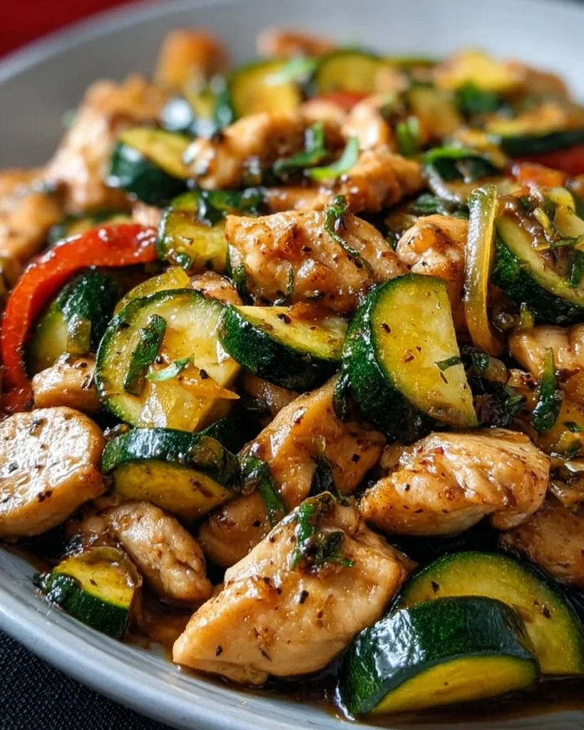 Colorful Chicken Zucchini Stir Fry served in a bowl with fresh ingredients.