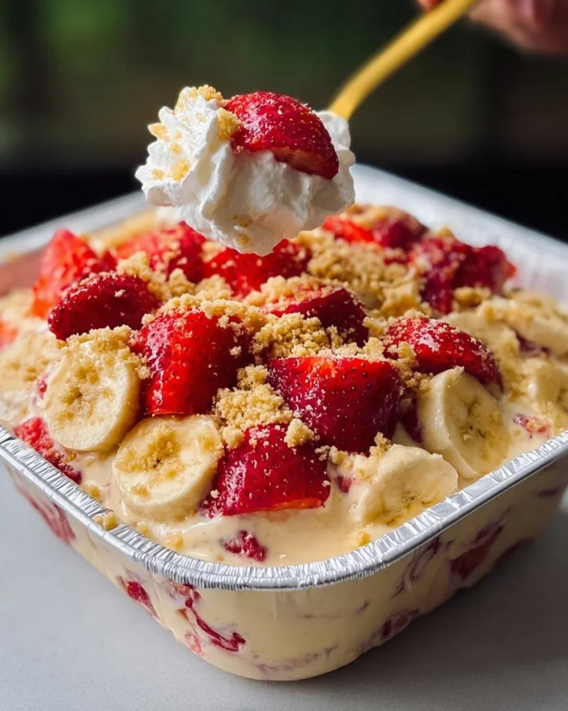 Delicious Strawberry Banana Pudding garnished with fresh strawberries and bananas.