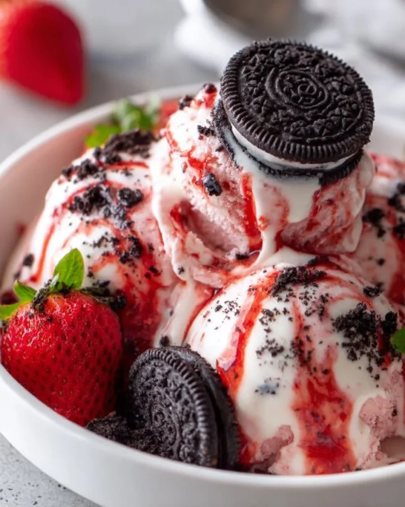 Delicious bowl of Strawberry Oreo Ice Cream with chunks of strawberries and Oreo cookies.