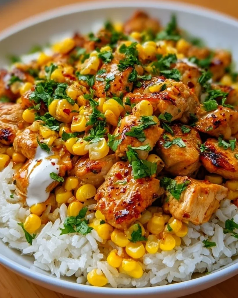 Delicious Street Corn Chicken Rice Bowl with grilled chicken and fresh corn