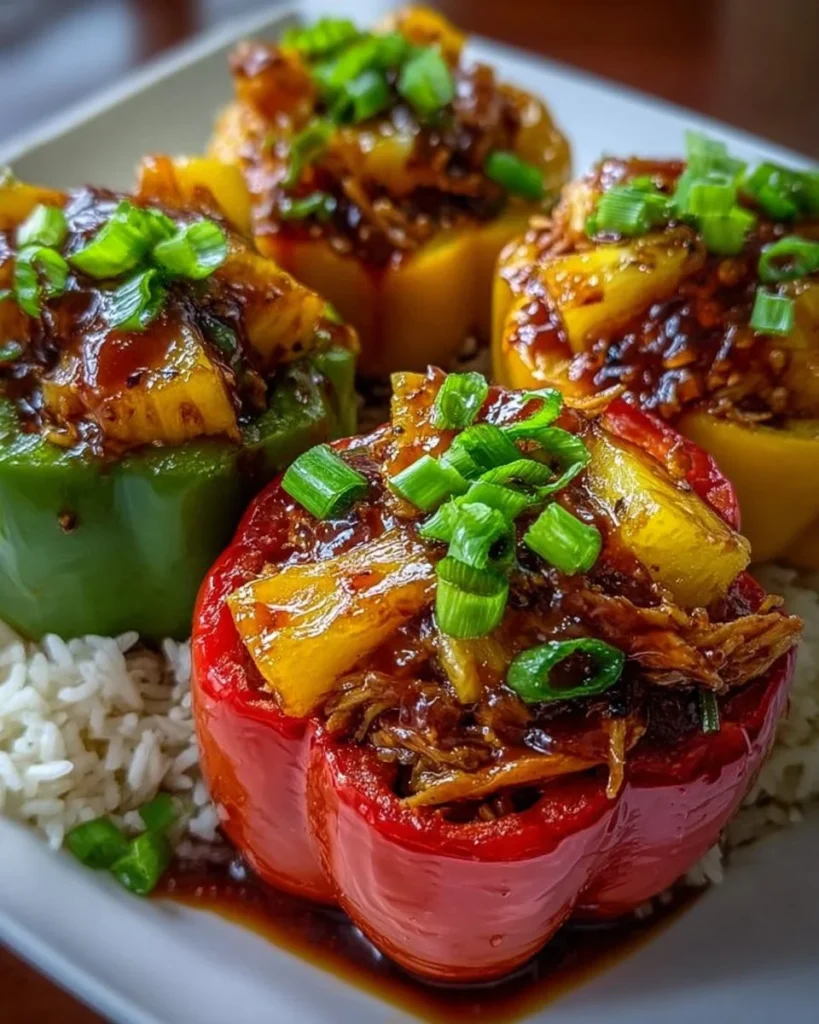 Delicious teriyaki chicken stuffed peppers with pineapple garnish