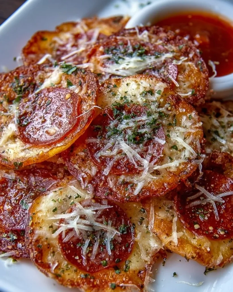 Air Fryer Pepperoni Pizza Chips served in a bowl