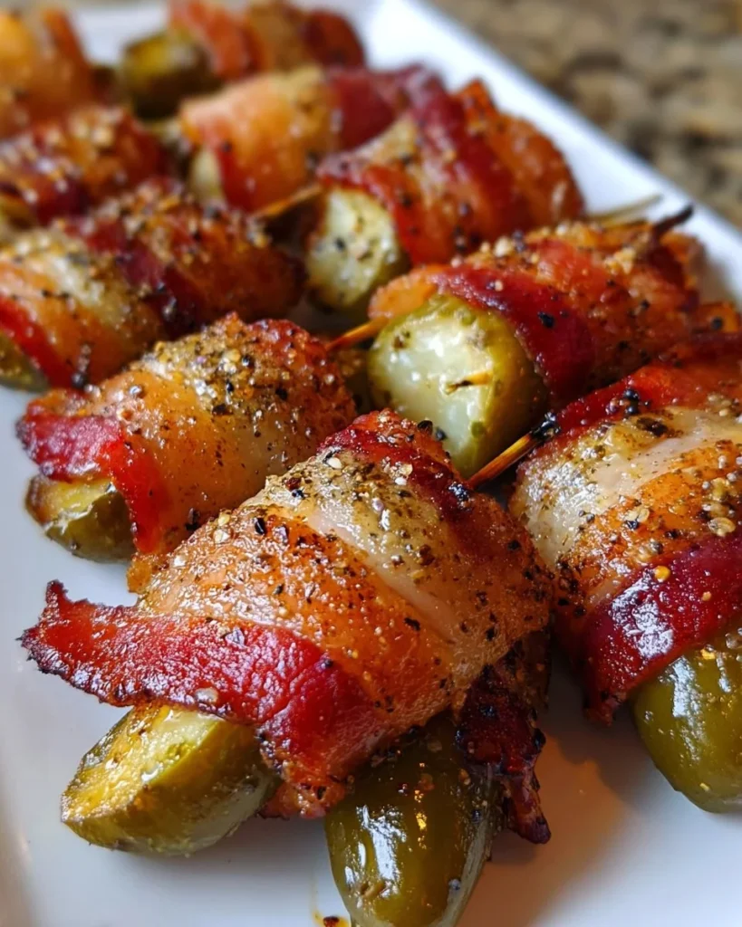 Plate of crispy bacon-wrapped pickles ready to serve as a tasty snack