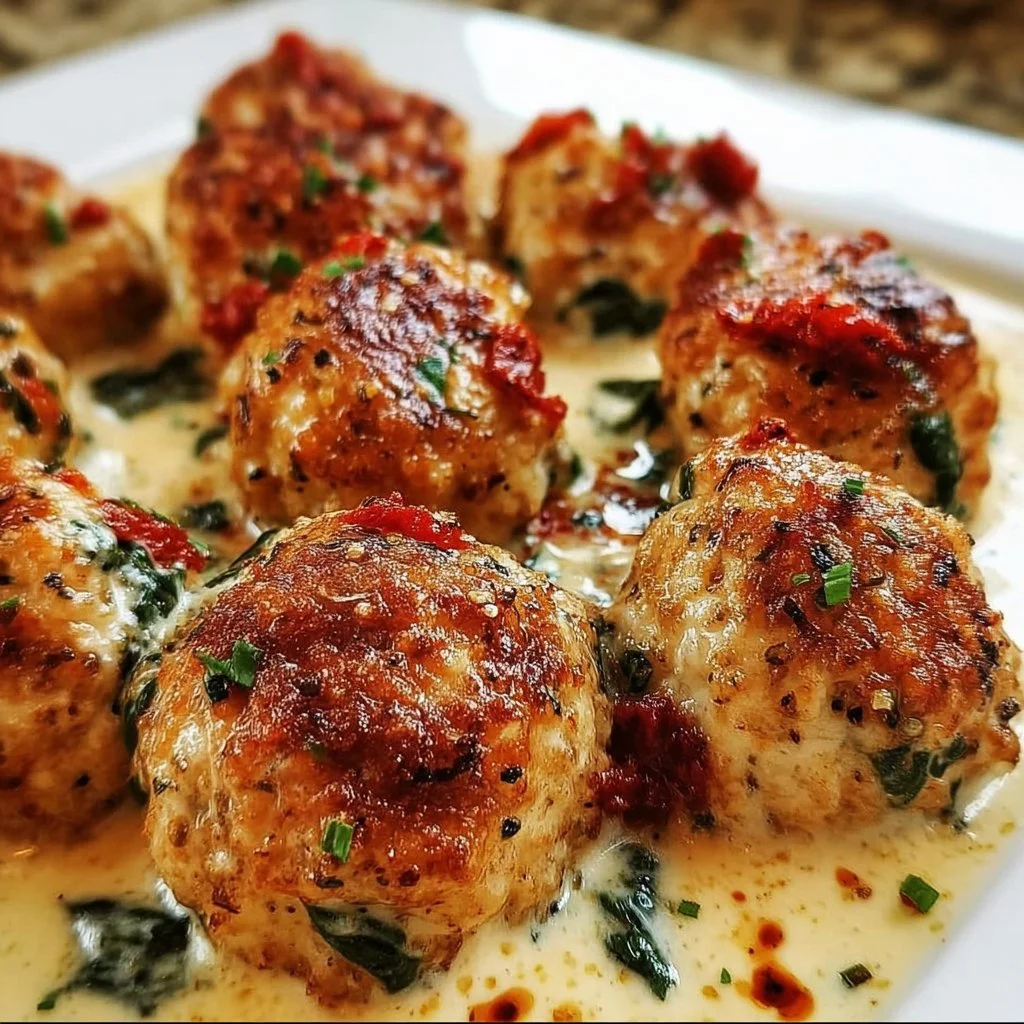Baked chicken ricotta meatballs served with marinara sauce and fresh herbs