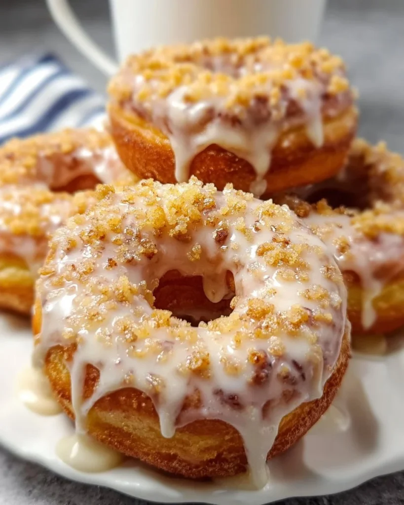 Baked coffee cake donuts drizzled with vanilla glaze on a plate