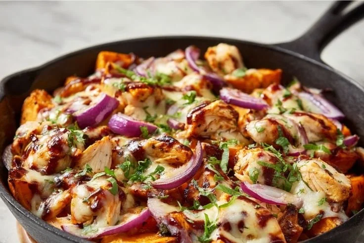 BBQ chicken sweet potato skillet served in a cast iron pan with vibrant colors.