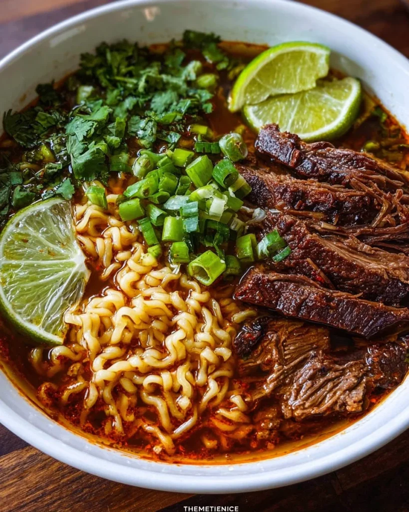 Delicious bowl of Birria Ramen with tender meat and flavorful broth