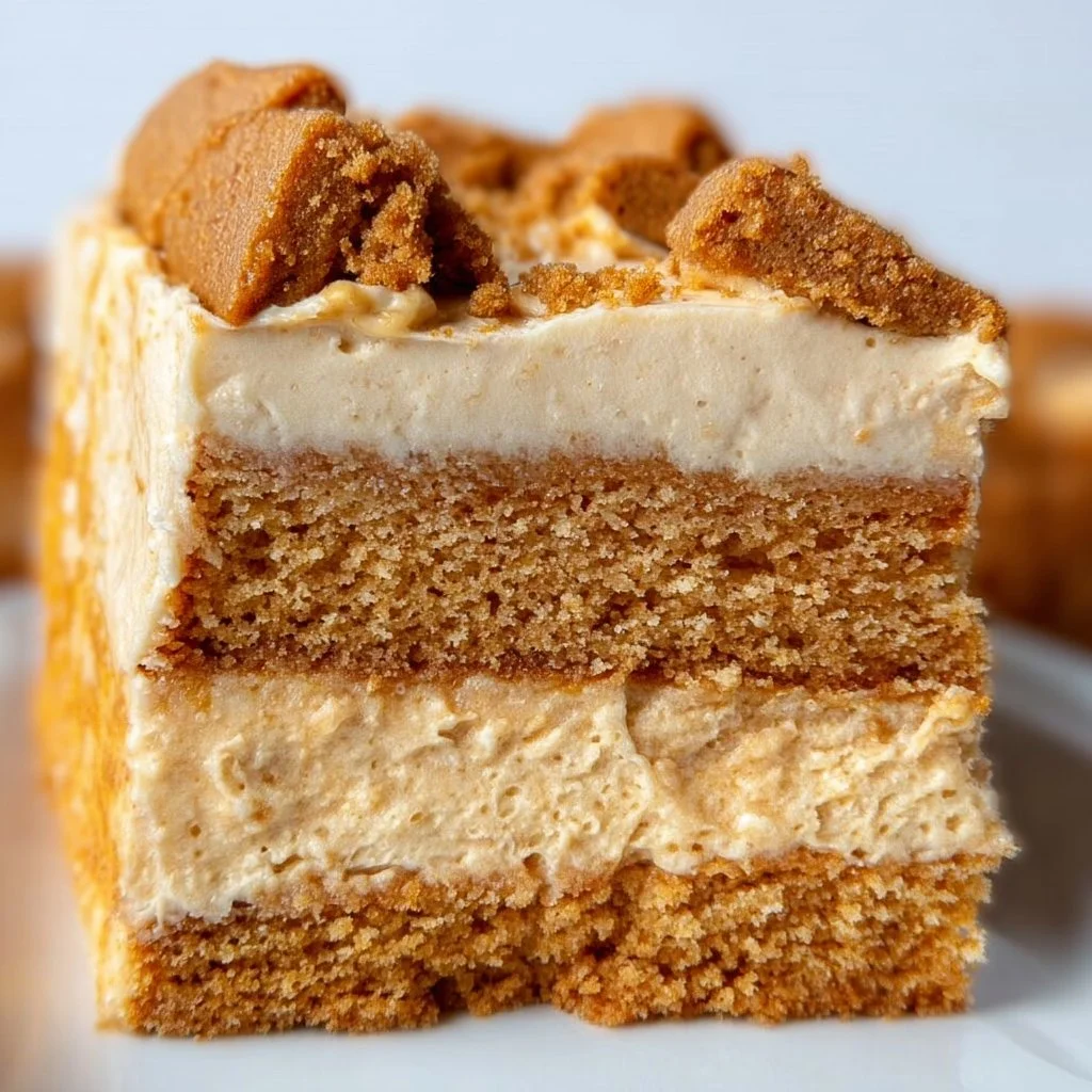 Delicious Biscoff Cake topped with creamy Biscoff spread and crumbs