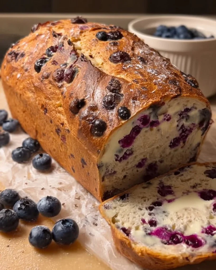 Freshly baked Blueberry Cream Cheese Sourdough loaf with blueberries and cream cheese
