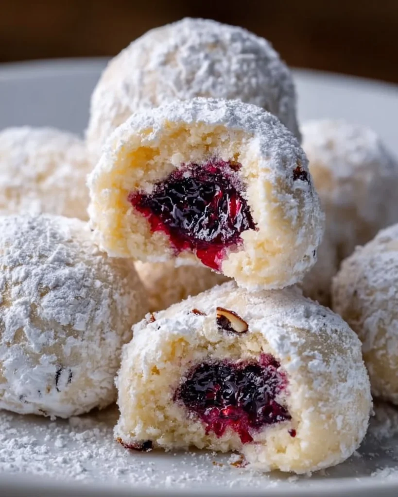 Blueberry-filled almond snowball cookies on a white plate