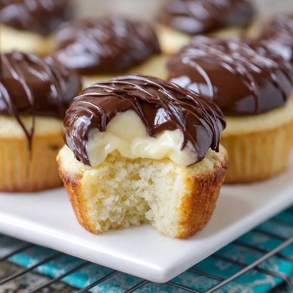Boston Cream Pie Cupcakes topped with chocolate ganache and creamy filling.