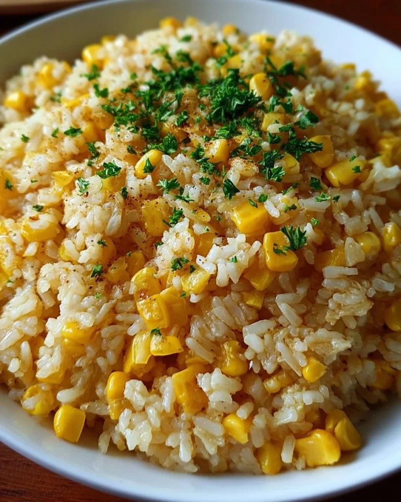 A bowl of buttered corn rice garnished with herbs, showcasing its creamy texture.