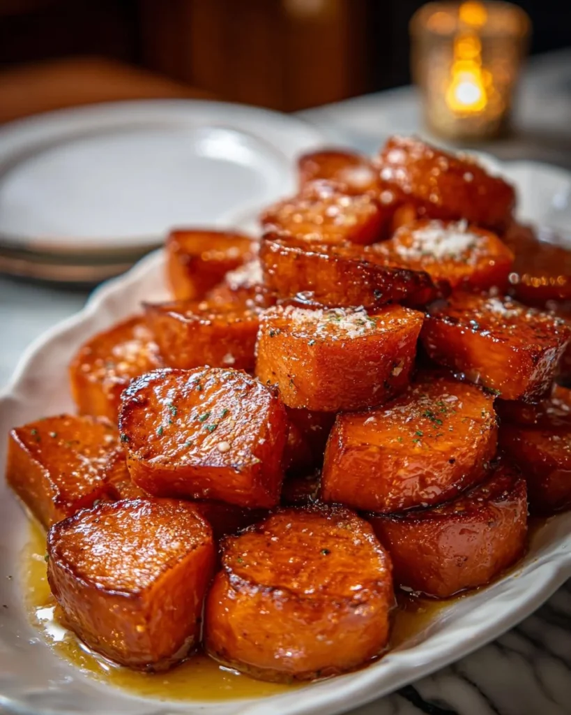 Delicious candied yams with butter and cinnamon in a baking dish