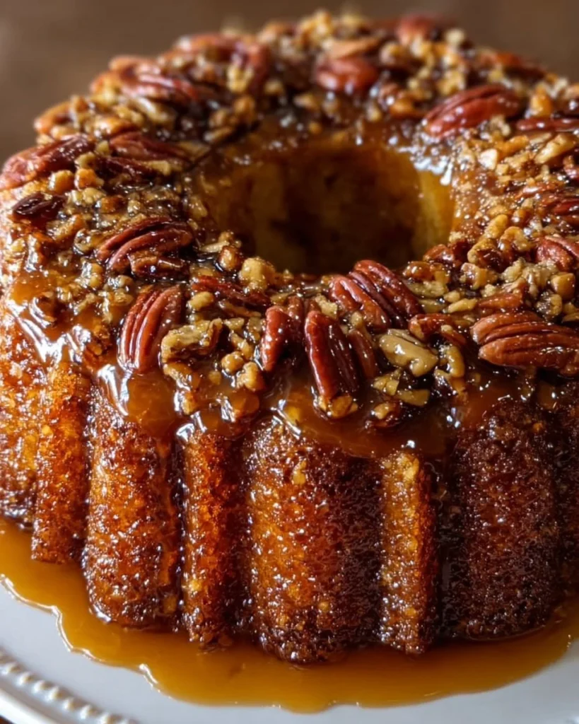 Caramel Pecan Upside-Down Bundt Cake with rich caramel and pecan topping